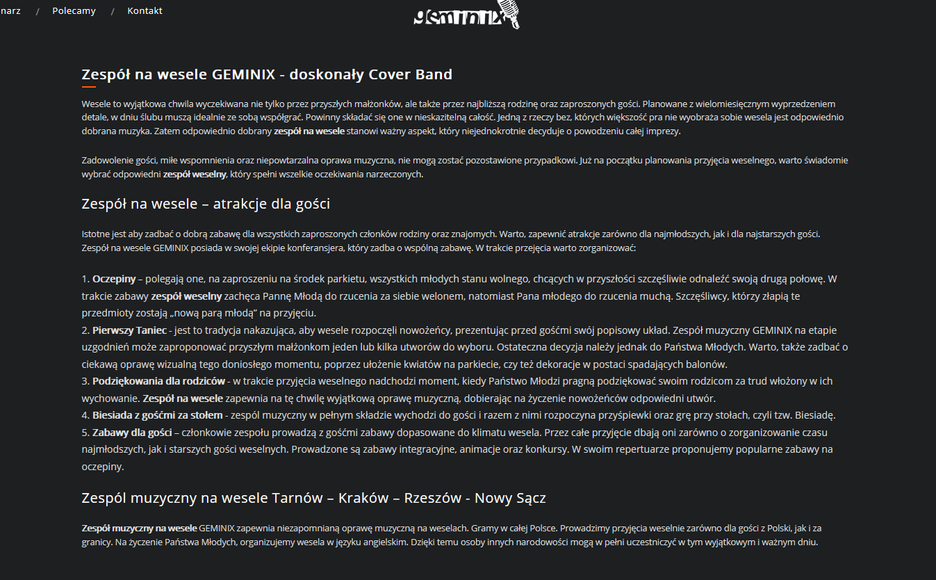 Treści na stronę zespołu muzycznego