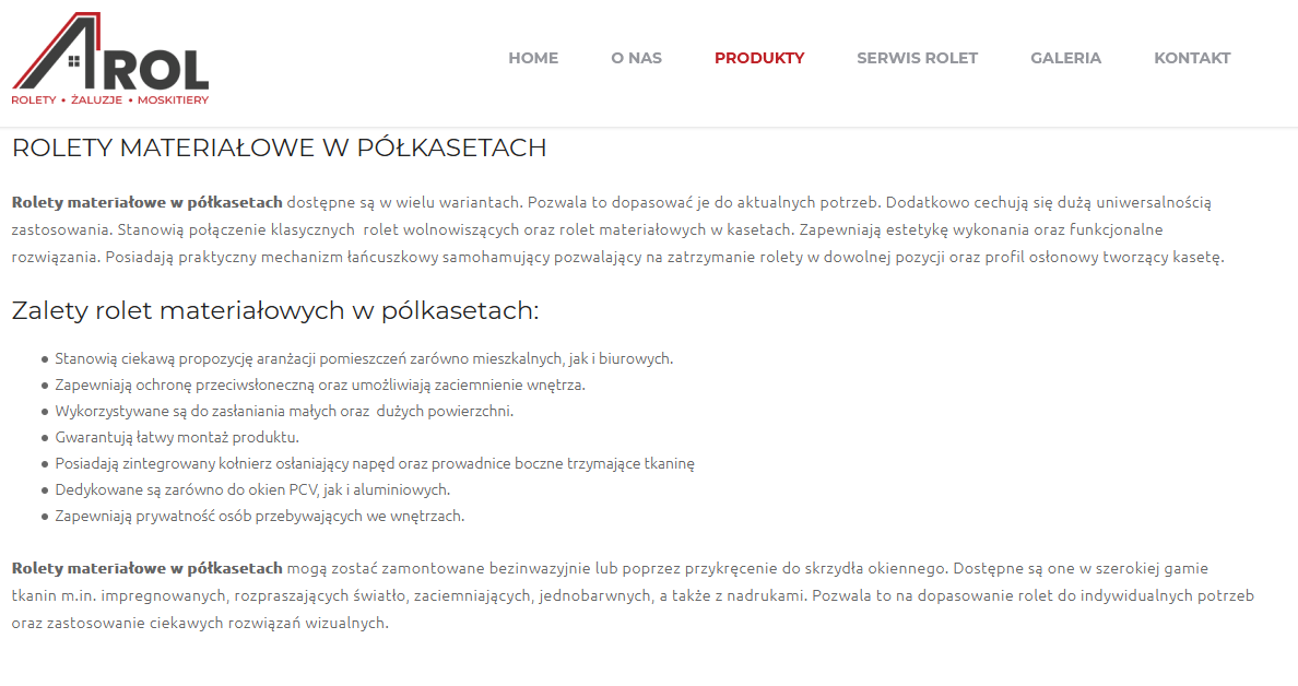 Rolety, moskitiery, żaluzje - treści na stronę